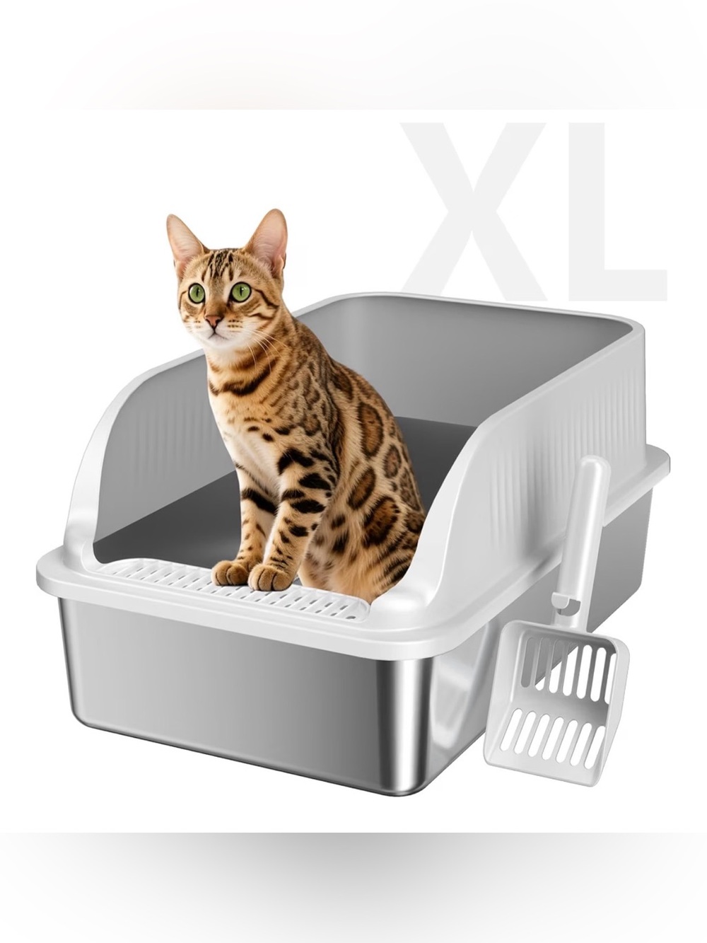 White & Gray XL Covered Cat Litter Box with Scoop